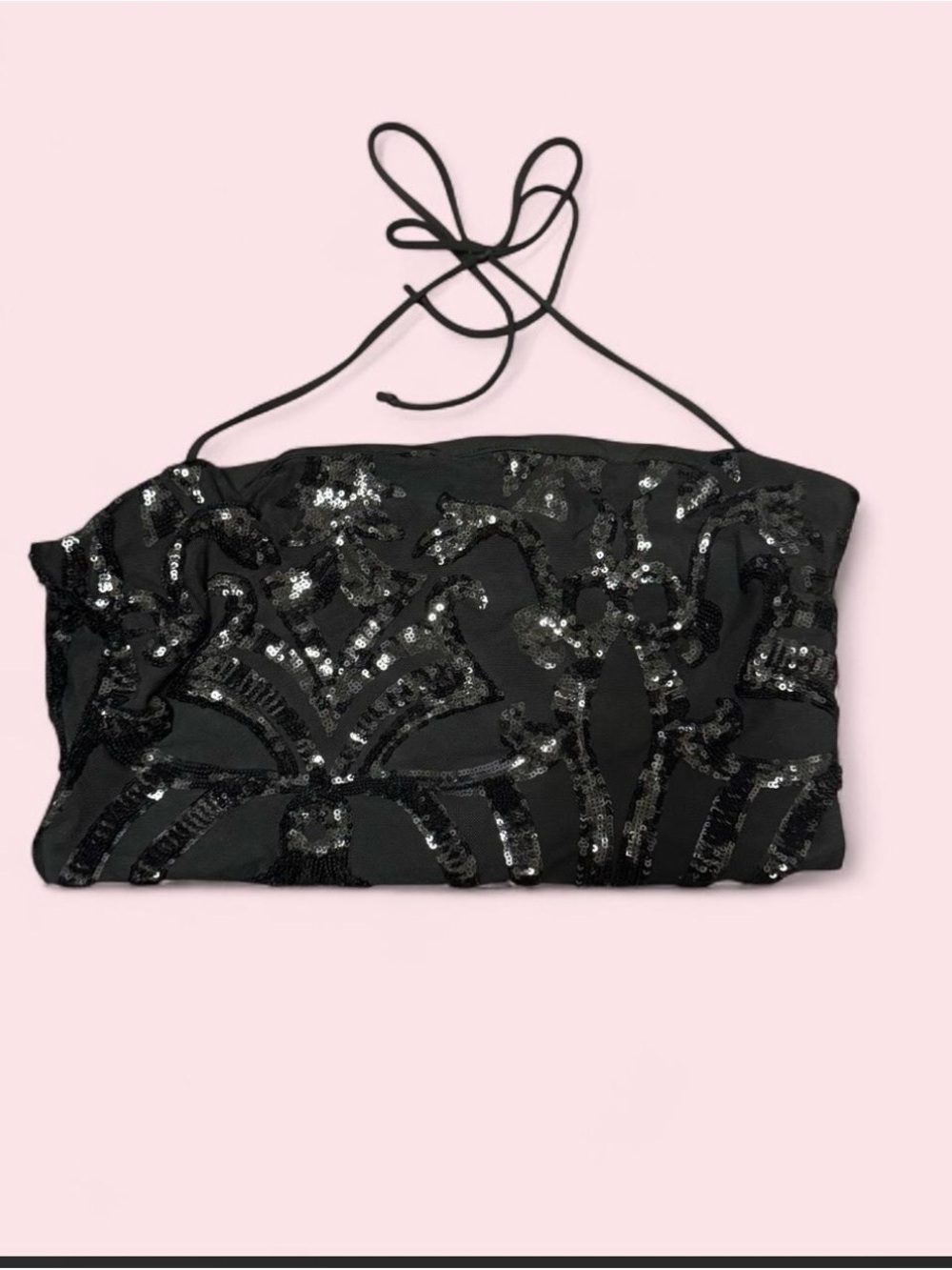 Black Sequin Halter Crop Top with sequin floral design